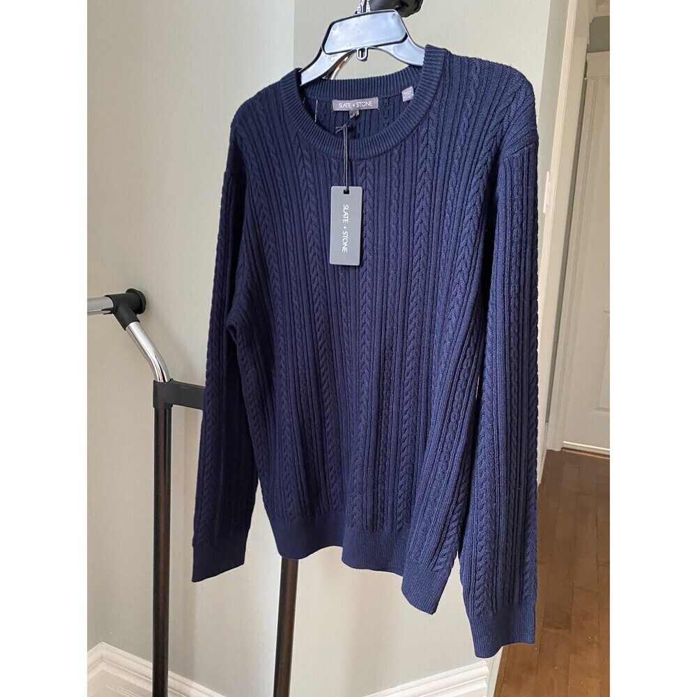 Slate And Stone Wool Blend Cableknit Crew Sweater Navy Size XL Top Quality $350